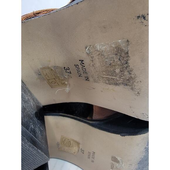 TopShop Booties Sz. 37 6.5 Chunky Heel Cutout Ankle Boots Leather Tan Lace Up - Picture 7 of 11